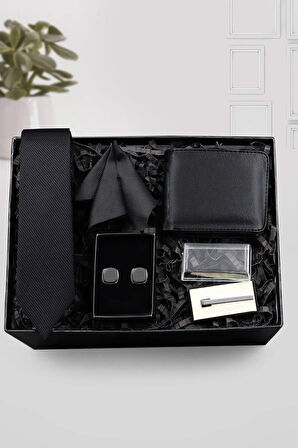 Erkek Siyah Cüzdan & Siyah Kravat & Kol Düğmesi & Kravat Iğnesi Hediye Seti