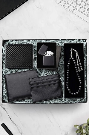 Zippo Tarzı Çakmak & Siyah Cüzdan & Kartlık & Siyah Tesbih & Suni Deri Siyah Renk Tabaka Hediye Seti