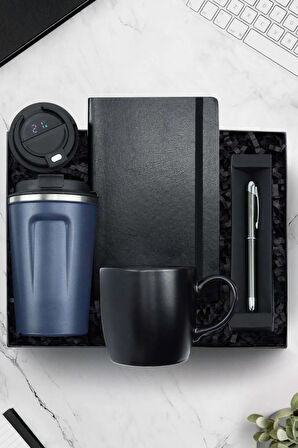 Dereceli Termos & Roller Kalem & Siyah Kupa & Siyah Defter Hediye Seti