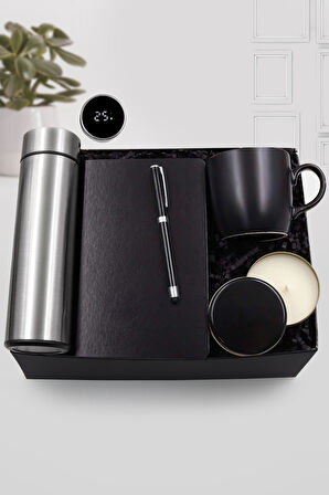 Gümüş Renk Dereceli Termos & Siyah Defter & Touch Pen Kalem & Siyah Kupa & Kutulu Mum Hediye Seti