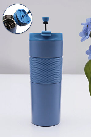 Mavi French Pressli 450ml Çelik Termos