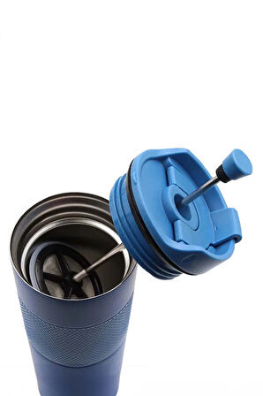 Mavi French Pressli 450ml Çelik Termos