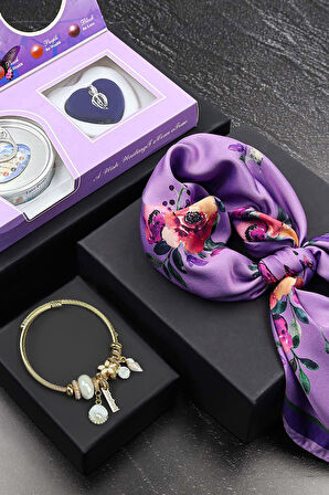 Istiridye Içinde Gerçek Inci Kolye & Gümüş Renk Charm Çelik Bileklik & Mor Çiçekli Fular Hediye Seti
