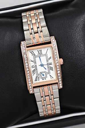 Gümüş Detaylı Rose Renk Kadın Kol Saati & Su Yolu Bileklik & Melek Kolye & Taş Küpe Hediye Seti