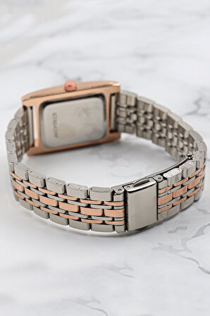 Gümüş Detaylı Rose Renk Kadın Kol Saati & Su Yolu Bileklik & Melek Kolye & Taş Küpe Hediye Seti