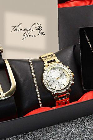 Su Yolu Bileklik & Kadın Kol Saati & Gold Renk Melek Kolye & Gold Detaylı Kadın Kemeri Hediye Seti