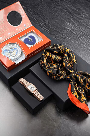 İstiridye İçinde Gerçek İnci Kolye & Kadın Kol Saati & Kırmızı Siyah Fular Hediye Seti