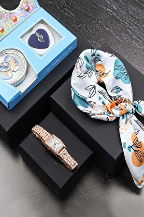 İstiridye İçinde Gerçek İnci Kolye & Rose Renk Kadın Kol Saati & Fular Hediye Seti