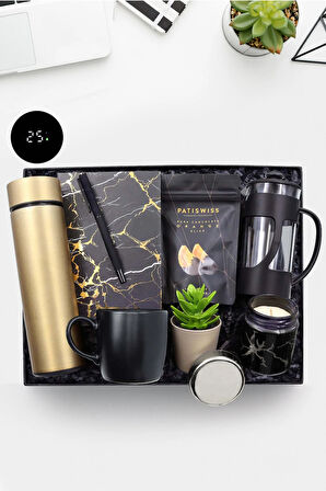 Gold Dereceli Termos-Defter-Roller Kalem-Patiswiss-Siyah Kupa-French Press-Yapay Çiçek-Mum Seti
