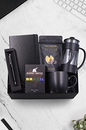 Defter & Touch Pen & Çikolatalı Portakal Dilimi & French Press & Mat Kupa & Filtre Kahve Hediye Seti