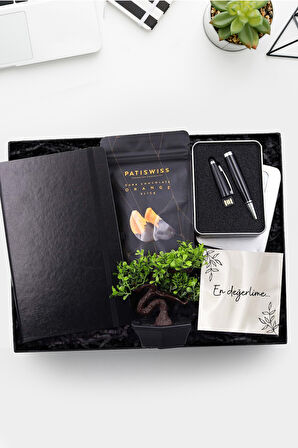 Siyah Defter & 32 gb Usb Kalem & Yapay Mini Ağaç & Patiswiss Hediye Seti