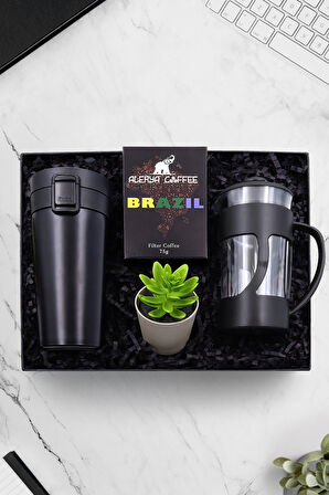 Kilitli Siyah Çelik Termos & Brazil Filtre Kahve & Yapay Mini Saksı Çiçek & French Press Hediye Seti