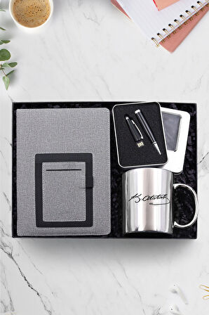Telefon Cepli Gri Defter & 32 gb Usb Siyah Kalem & Atatürk İmzalı Gümüş Kupa Hediye Seti