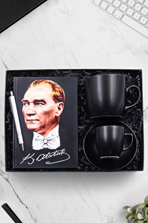 Beyaz Tükenmez Kalem & Atatürk Resimli Defter & Siyah Mat Kupa & Siyah Mat Fincan Hediye Seti