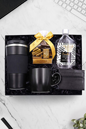 Siyah Deri Kartlık & Siyah Çelik Termos & Siyah Kupa & Kolonya & Napoliten Çikolata Hediye Seti