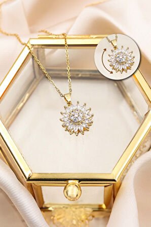 Beyaz Çerçeve & Dönen Uçlu Gold Renk Çiçek Kolye & Satürn Kız Işıklı Cam Küre Hediye Seti