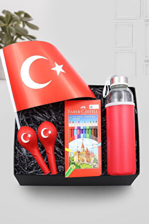 500 Ml Kırmızı Su Matarası & Türk Bayrağı & 2'li Balon & Faber-Castell 12'li Boya Kalemi Hediye Seti