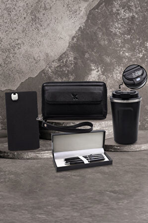 350 ML Dereceli Termos & Hakiki Deri Cüzdan & 3'lü Kalem & Yumuşak Kapaklı Not Defteri Hediye Seti