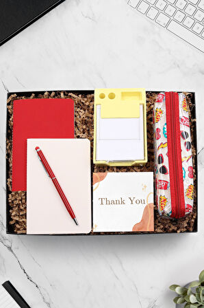 Kırmızı Touchpen & 2'li Dikişli Mini Not Defteri & Desenli Şeffaf Kalemlik & Bloknot Hediye Seti