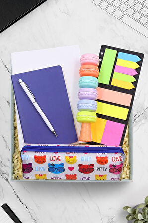2'li Defter & Beyaz Touch Pen & Postit & Desenli Kalemlik & Makaron Fosforlu Kalem Hediye Seti