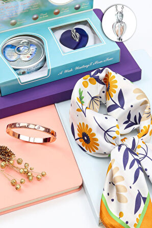 İstiridye İçinde Gerçek İnci Kolye & Çelik Kelepçe Bileklik & Turuncu Çiçek Fular Hediye Seti