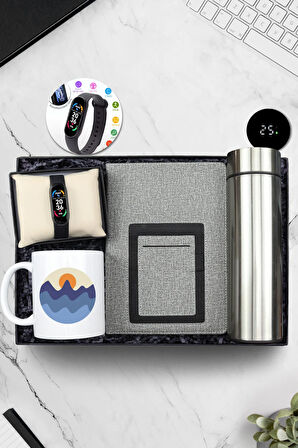 Gümüş Renk Dereceli Termos & Kupa & Akıllı Bileklik Smart Band M6 & Telefon Cepli Defter Hediye Seti