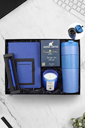 French Pressli Çelik Termos & Mavi Defter & Roller Kalem & Bardak Mum & Filtre Kahve Hediye Seti