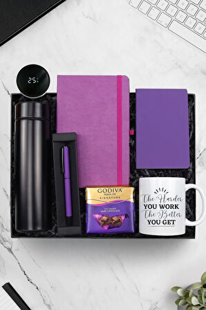 Siyah Dereceli Termos & Mor Defter-Not Defteri & Mor Roller Kalem-Godiva Çikolata & Kupa Hediye Seti