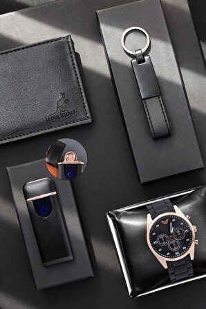 Erkek Cüzdan & Elektronik Çakmak & Silikon Kordon Erkek Kol Saati & Anahtarlık Hediye Seti