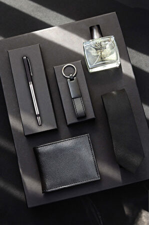 Siyah Cüzdan & Anahtarlık & Kalem & Siyah Kravat & Erkek Parfümü Hediye Seti