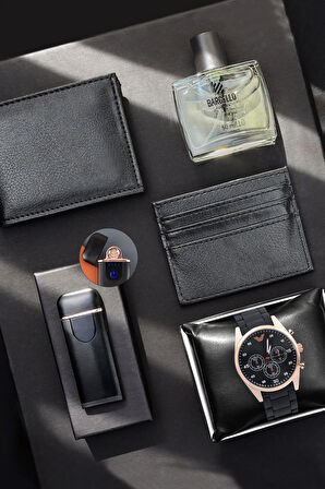 Suni Deri Cüzdan & Siyah Kartlık & Elektronik Çakmak & Kol Saati & Parfüm Hediye Seti