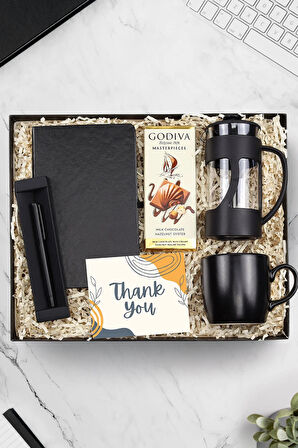 Siyah Defter & Siyah Roller Kalem & Godiva Çikolata & Siyah French Press & Siyah Kupa Hediye Seti