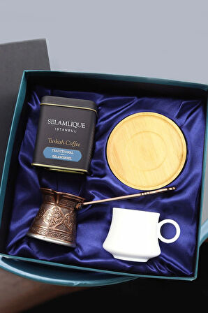 Porselen Beyaz Fincan & Selamlıque Türk Kahvesi & Bakır Cezve Hediye Seti