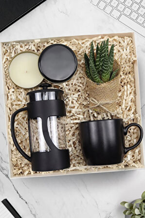 Siyah Metal Kutulu Mum & Siyah Kupa & Canlı Sukulent Çiçek & Siyah French Press Hediye Setleri