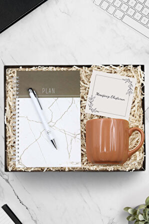 Beyaz Mermer Desenli Defter & Beyaz Tükenmez Kalem & Kahverengi Kupa Seti