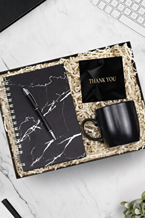 Mermer Desenli Defter & Gümüş Renk Detaylı Siyah Tükenmez Kalem & Siyah Kupa Hediye Seti