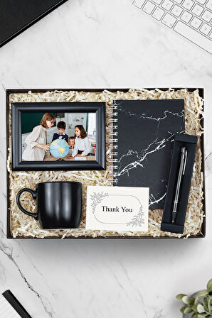 Mermer Desenli Defter & Siyah Çerçeve & Siyah Tükenmez Kalem & Siyah Kupa Hediye Seti