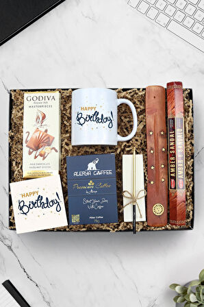 Happy Birthday Kupa & Alerya Filtre Kahve & Godiva & Doğum Günü Mum & Çubuk Tütsü Hediye Seti