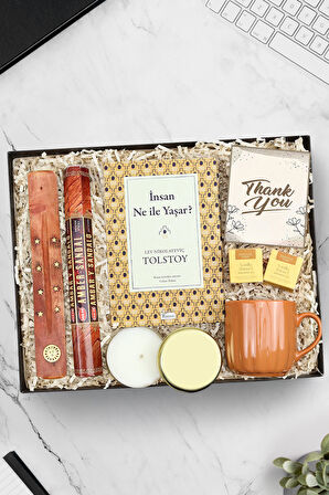 Gold Metal Kutulu Mum & Çubuk Tütsü & Kitap & Teashop 2'li Bitki Çayı & Kupa Hediye Seti