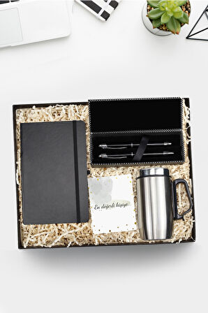 Siyah Defter & Kutulu 2'li Siyah Roller-tükenmez Kalem & Gümüş Renk 280 ml Termos Hediye Seti
