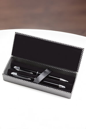 Siyah Defter & Kutulu 2'li Siyah Roller-tükenmez Kalem & Gümüş Renk 280 ml Termos Hediye Seti