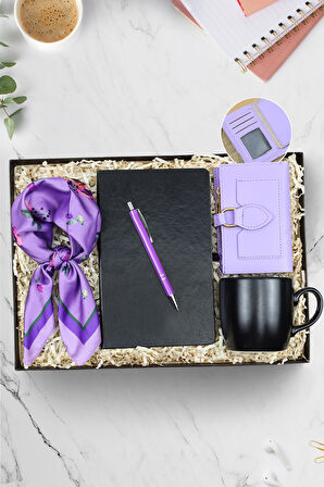 Siyah Defter & Mor Tükenmez Kalem & Fular & Siyah Kupa & Mor Yumuşak Deri Kartlık Cüzdan Hediye Seti
