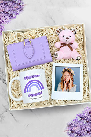 Kupa & İnstagram Çerçeve & Pembe Ayıcık Anahtarlık & Mor Yumuşak Deri Kartlık Cüzdan Hediye Seti