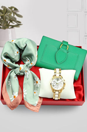 Papatya Detaylı Fular & Deri Kartlık Cüzdan & Kadın Kol Saati Hediye Seti