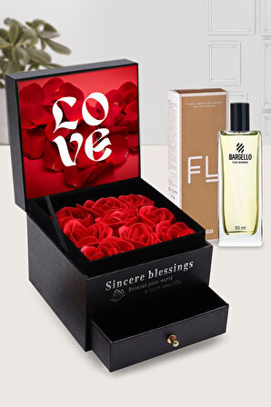Çekmeceli Gül Kutusu & Bargello Kadın Parfümü Hediye Seti
