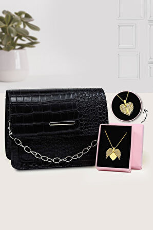 Melek Kanatlı Kolye & Siyah Renk Kadın Çanta Hediye Seti