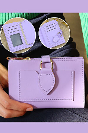 Mor Yumuşak Deri Cüzdan & Peluş Şapka & Gold Renk Çelik Mektup Kolye Hediye Seti