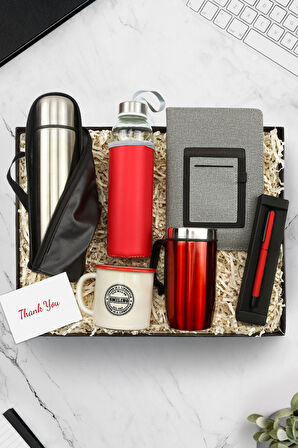 Defter & Deri Çantalı Termos & Su Matarası & Çelik Termos & Kupa & Kırmızı Kalem Hediye Seti