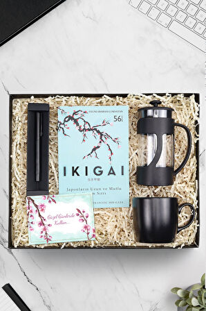 Mat Roller Kalem & Siyah Kupa & Siyah French Press & Ikigai Kitap Hediye Seti