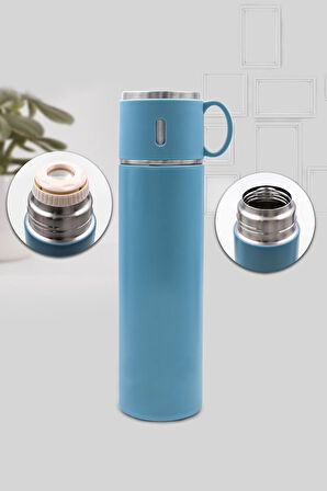 Ikigai Kitabı & Mavi Bardaklı Çelik Termos & Mum & Lacivert Çay ve Kahve Fincanı Hediye Seti